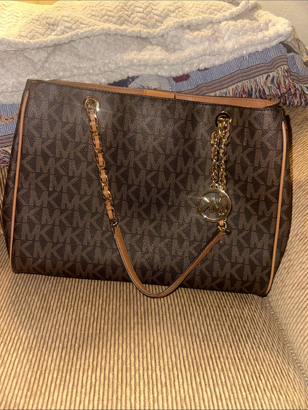 Michael Kors Dark Brown Signature MK Logo Tote with Gold Chain Handles